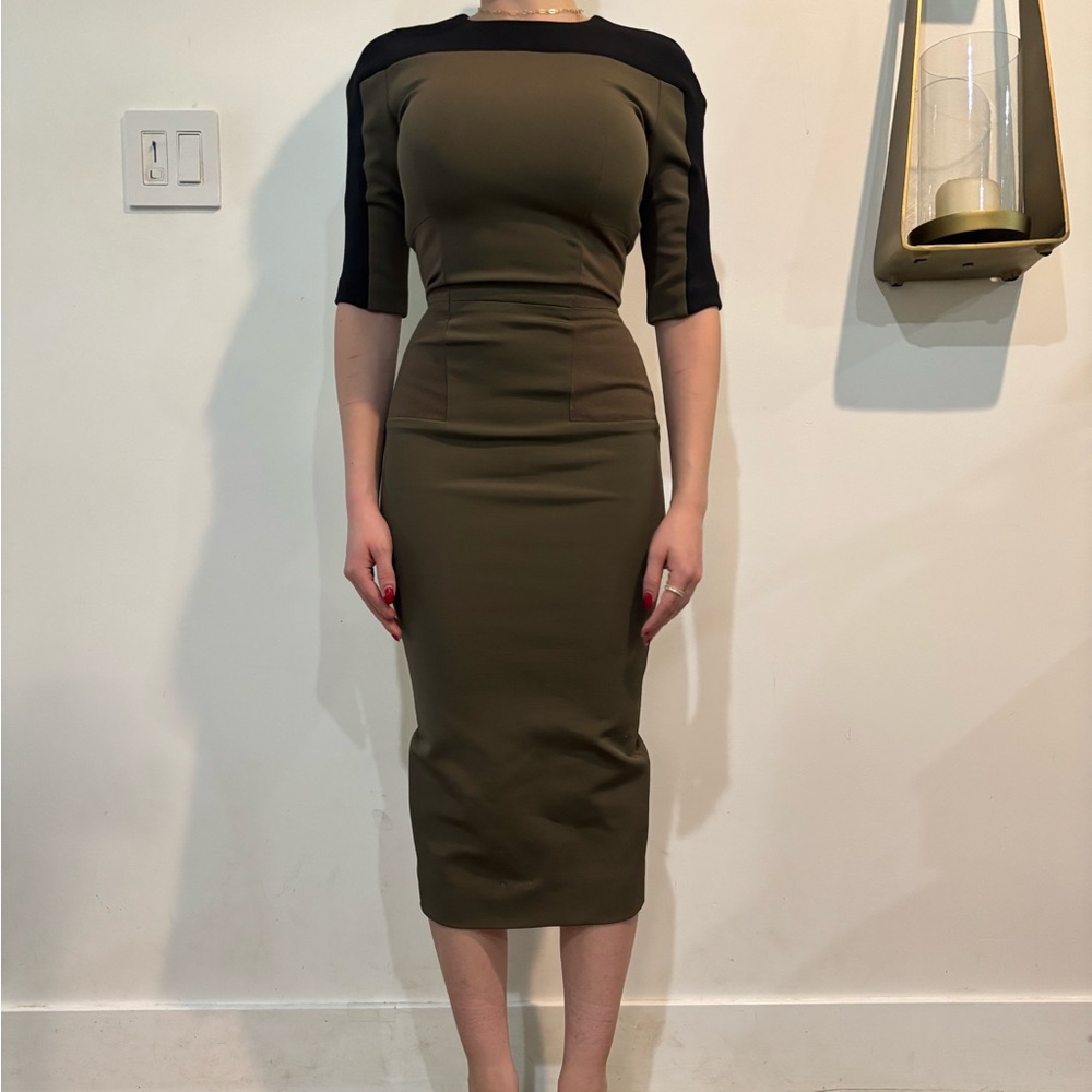 Victoria Beckham Olive and Black Long Sleeve Dress